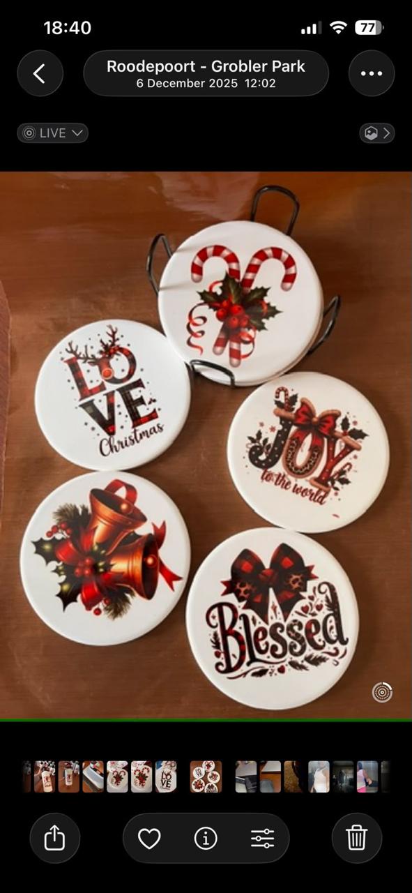 Five round white pieces with festive Christmas designs