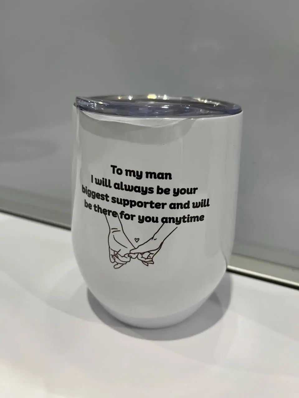 White short tumbler with a personal message for a loved one