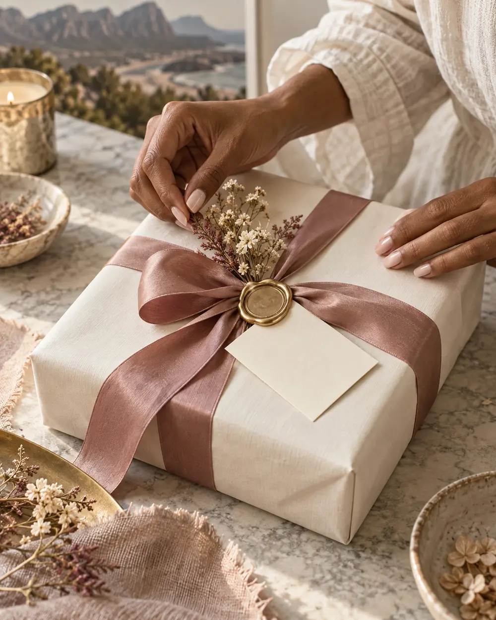 A gift wrapped in ivory paper with a rose ribbon and a personal note